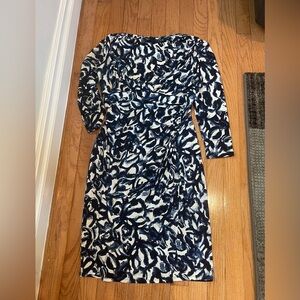 LRL Womens Long Sleeve Faux Wrap Ruched Midi Dress Size 4 Blue White Stretch